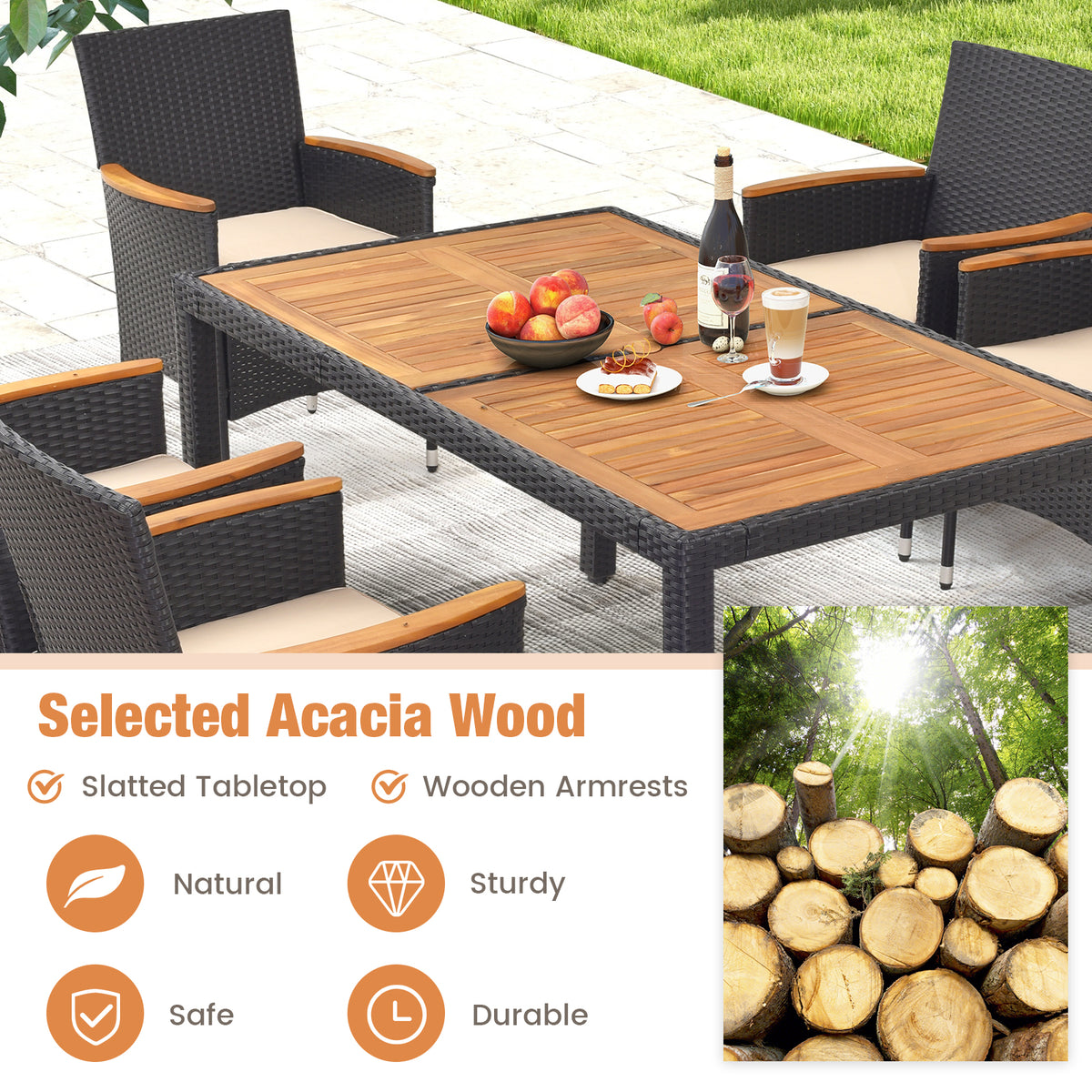 7 Pieces Outdoor Dining Set with Umbrella Hole for Backyard-Patio Dining Sets-DECOROLALA
