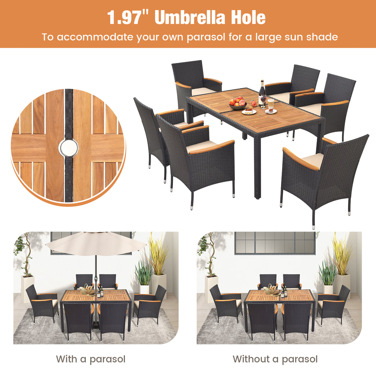 7 Pieces Outdoor Dining Set with Umbrella Hole for Backyard-Patio Dining Sets-DECOROLALA
