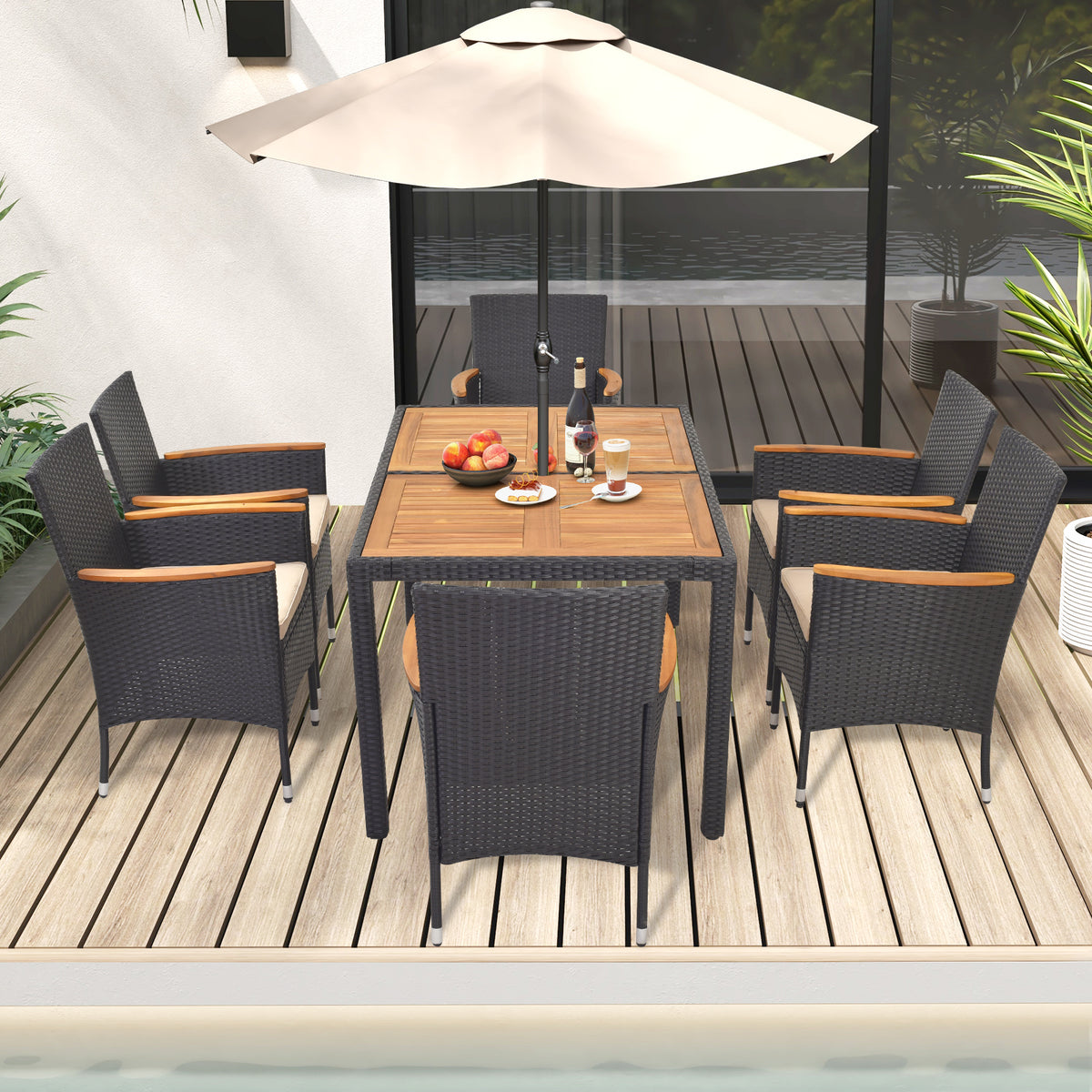 7 Pieces Outdoor Dining Set with Umbrella Hole for Backyard-Patio Dining Sets-DECOROLALA