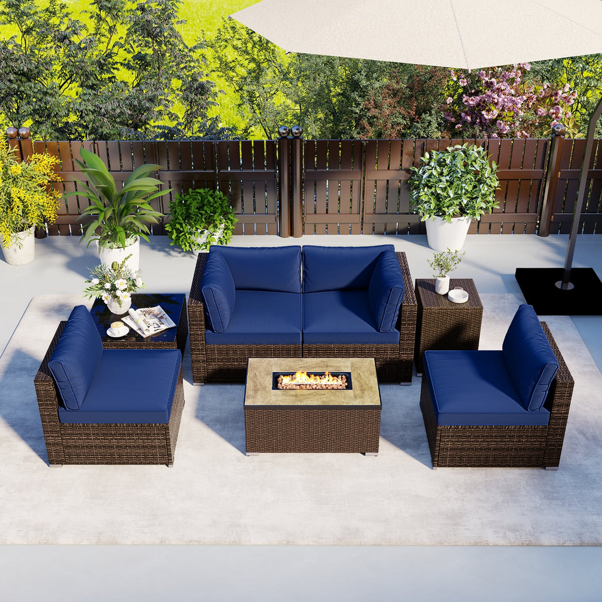 7 Pieces Outdoor Furniture Set with 32 Inch Fire Pit Table and Propane Tank Cover-Navy-Patio Furniture Sets-DECOROLALA