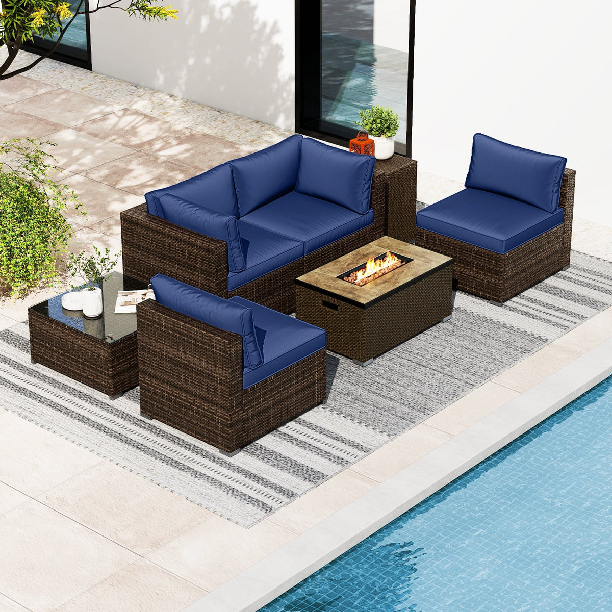 7 Pieces Outdoor Furniture Set with 32 Inch Fire Pit Table and Propane Tank Cover-Navy-Patio Furniture Sets-DECOROLALA