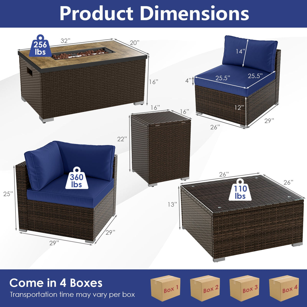 7 Pieces Outdoor Furniture Set with 32 Inch Fire Pit Table and Propane Tank Cover-Navy-Patio Furniture Sets-DECOROLALA