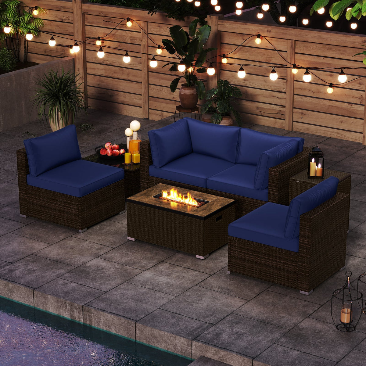 7 Pieces Outdoor Furniture Set with 32 Inch Fire Pit Table and Propane Tank Cover-Navy-Patio Furniture Sets-DECOROLALA