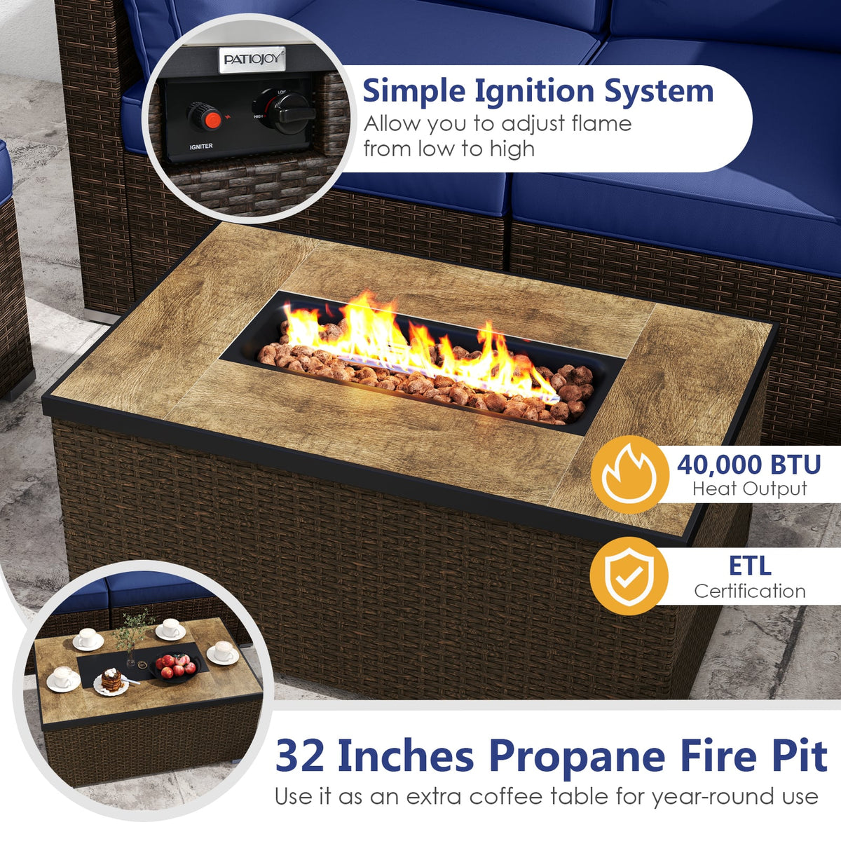 7 Pieces Outdoor Furniture Set with 32 Inch Fire Pit Table and Propane Tank Cover-Navy-Patio Furniture Sets-DECOROLALA