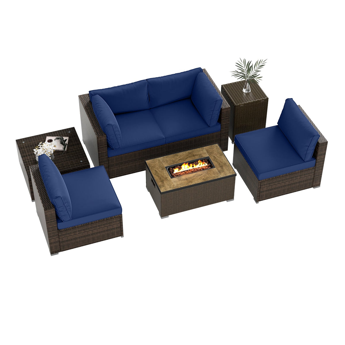 7 Pieces Outdoor Furniture Set with 32 Inch Fire Pit Table and Propane Tank Cover-Navy-Patio Furniture Sets-DECOROLALA