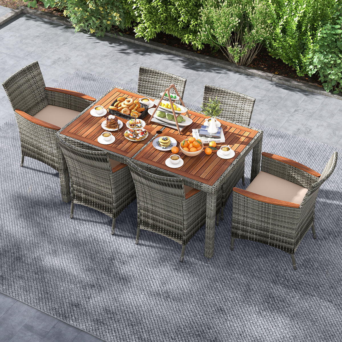 7 Pieces Patio Acacia Wood Cushioned PE Rattan Wicker Dining Set for Patio-Patio Dining Sets-DECOROLALA