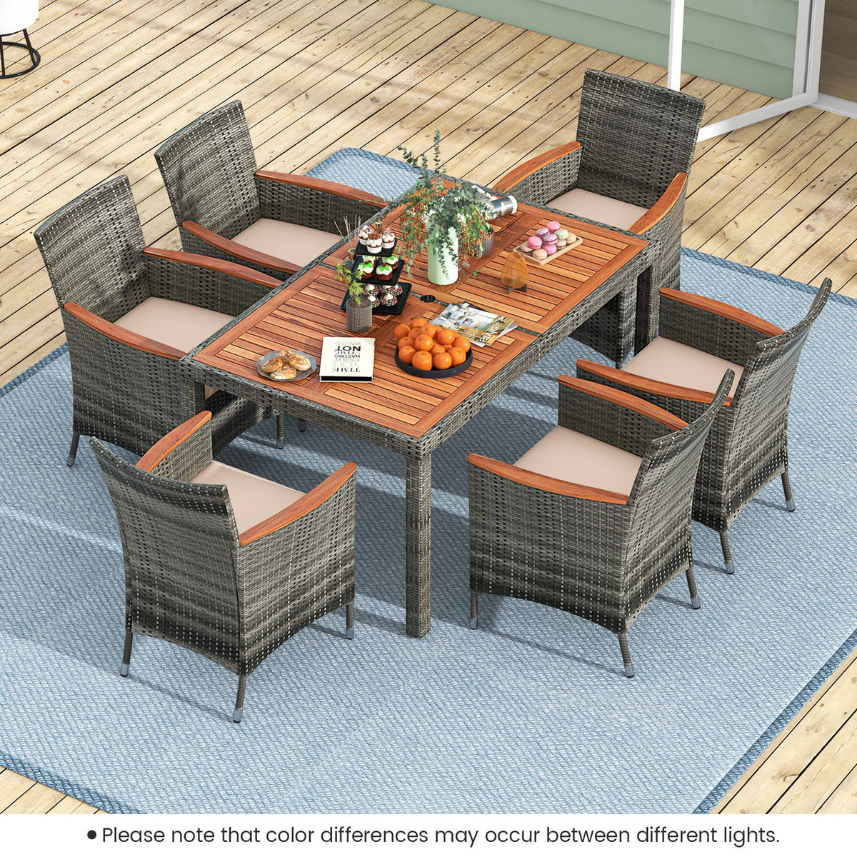 7 Pieces Patio Acacia Wood Cushioned PE Rattan Wicker Dining Set for Patio-Patio Dining Sets-DECOROLALA