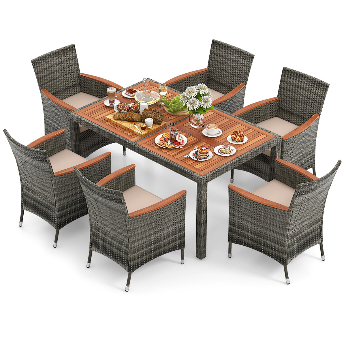 7 Pieces Patio Acacia Wood Cushioned PE Rattan Wicker Dining Set for Patio-Patio Dining Sets-DECOROLALA