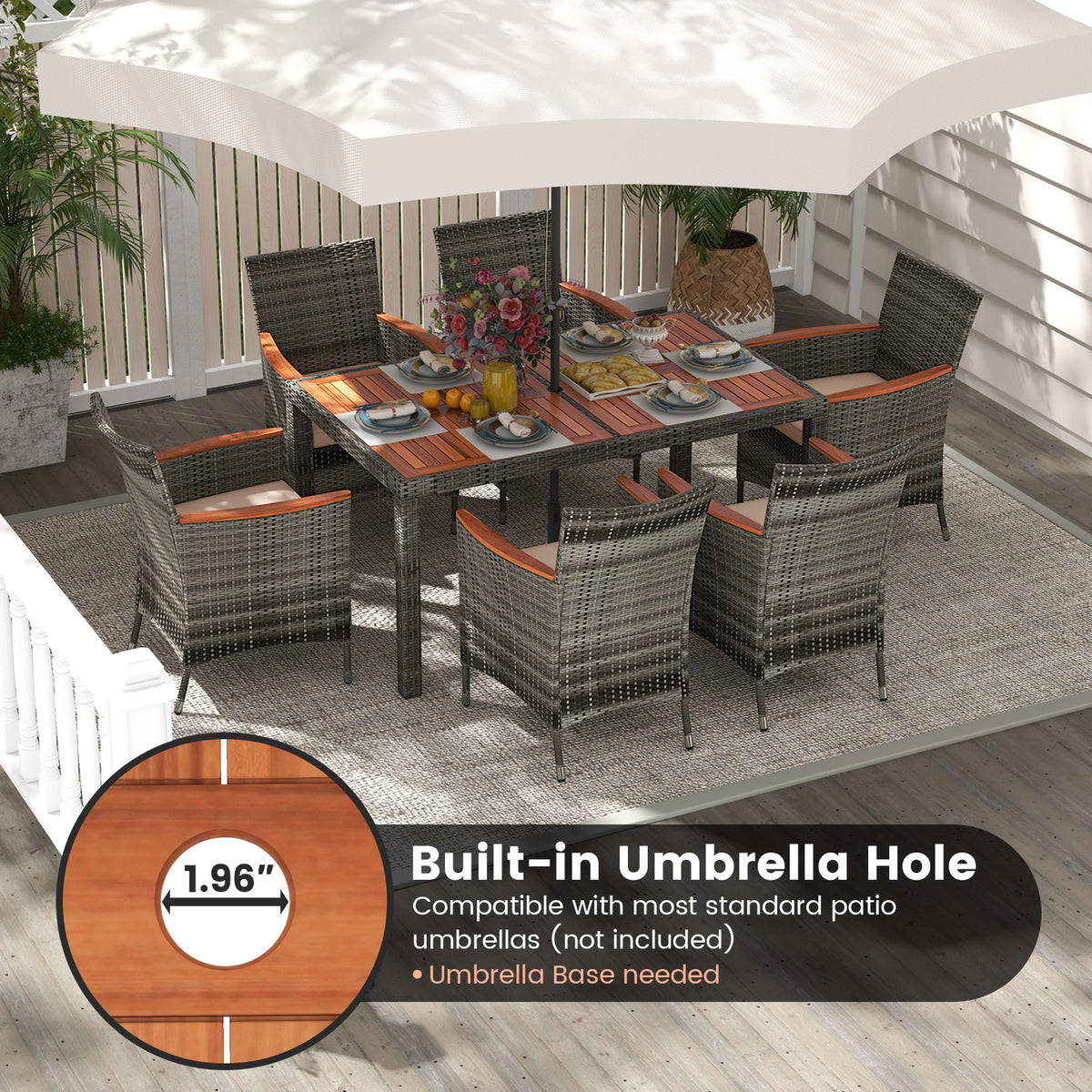 7 Pieces Patio Acacia Wood Cushioned PE Rattan Wicker Dining Set for Patio-Patio Dining Sets-DECOROLALA