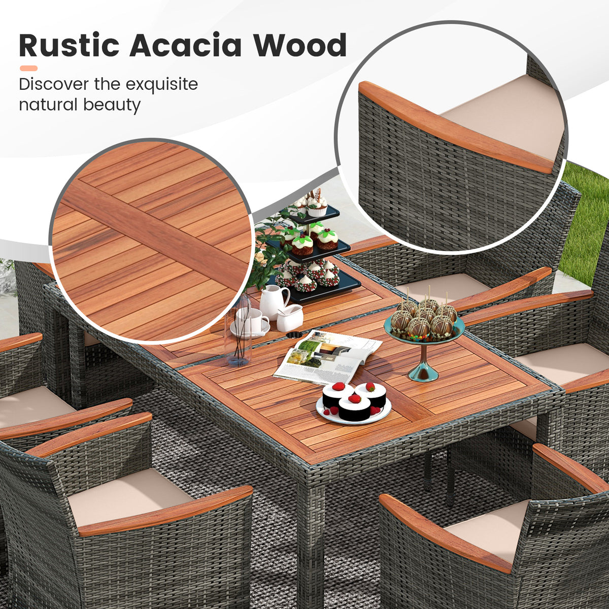 7 Pieces Patio Acacia Wood Cushioned PE Rattan Wicker Dining Set for Patio-Patio Dining Sets-DECOROLALA