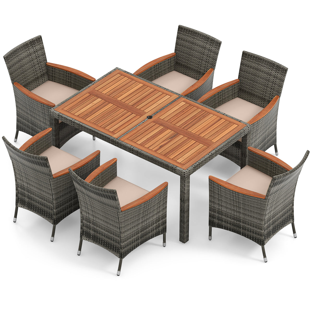 7 Pieces Patio Acacia Wood Cushioned PE Rattan Wicker Dining Set for Patio-Patio Dining Sets-DECOROLALA