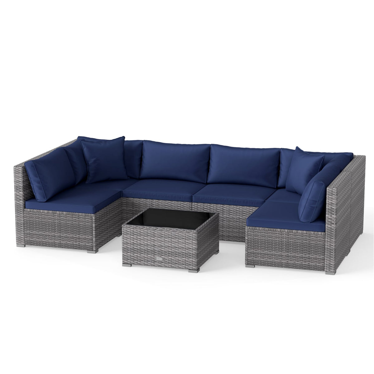 7 Pieces Patio Furniture Set PE Rattan Sectional Sofas with Tempered Glass Coffee Table-Navy-Patio Conversation Sets-DECOROLALA