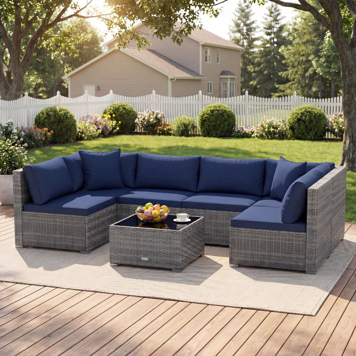 7 Pieces Patio Furniture Set PE Rattan Sectional Sofas with Tempered Glass Coffee Table-Navy-Patio Conversation Sets-DECOROLALA
