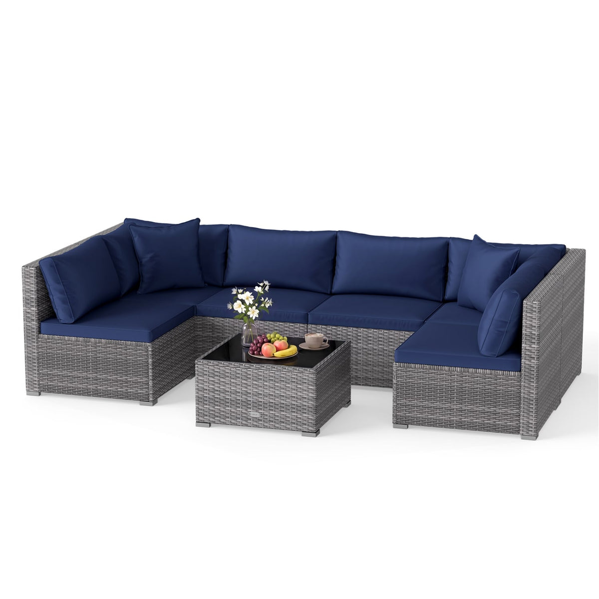 7 Pieces Patio Furniture Set PE Rattan Sectional Sofas with Tempered Glass Coffee Table-Navy-Patio Conversation Sets-DECOROLALA