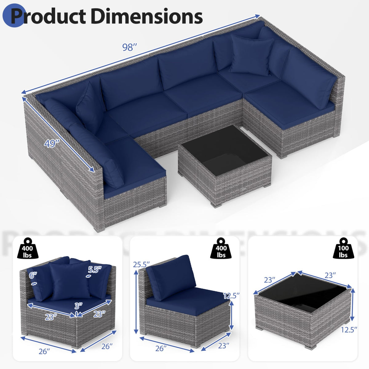 7 Pieces Patio Furniture Set PE Rattan Sectional Sofas with Tempered Glass Coffee Table-Navy-Patio Conversation Sets-DECOROLALA