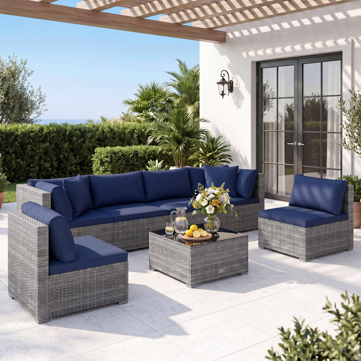 7 Pieces Patio Furniture Set PE Rattan Sectional Sofas with Tempered Glass Coffee Table-Navy-Patio Conversation Sets-DECOROLALA