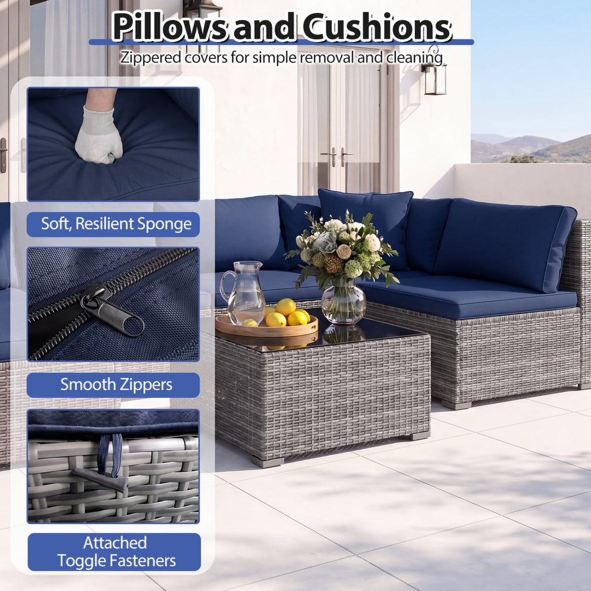 7 Pieces Patio Furniture Set PE Rattan Sectional Sofas with Tempered Glass Coffee Table-Navy-Patio Conversation Sets-DECOROLALA