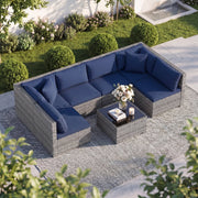 7 Pieces Patio Furniture Set PE Rattan Sectional Sofas with Tempered Glass Coffee Table-Navy-Patio Conversation Sets-DECOROLALA