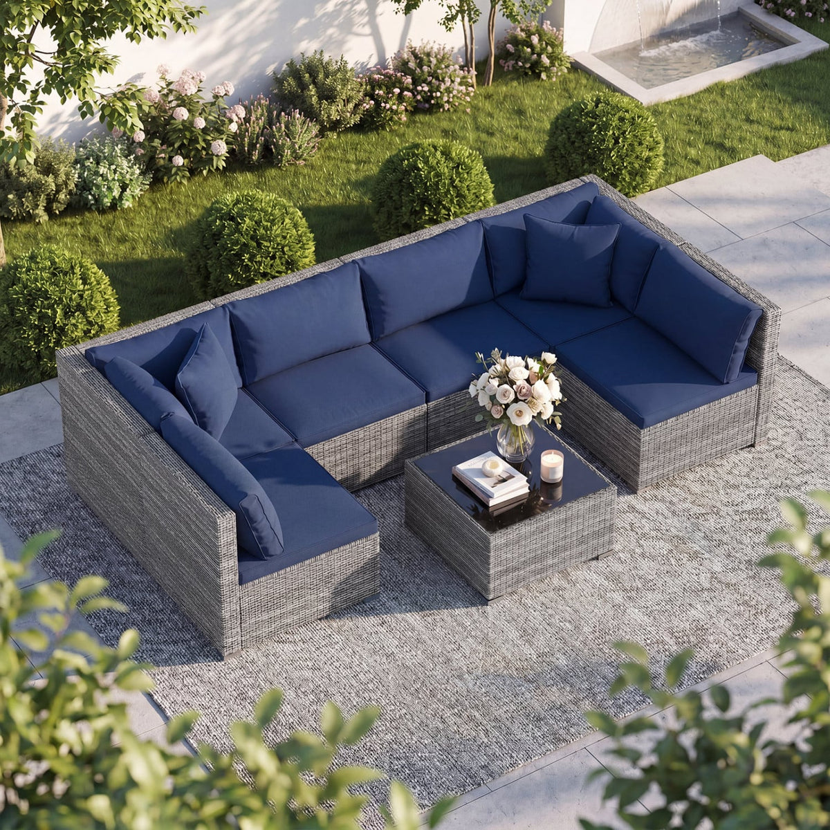 7 Pieces Patio Furniture Set PE Rattan Sectional Sofas with Tempered Glass Coffee Table-Navy-Patio Conversation Sets-DECOROLALA