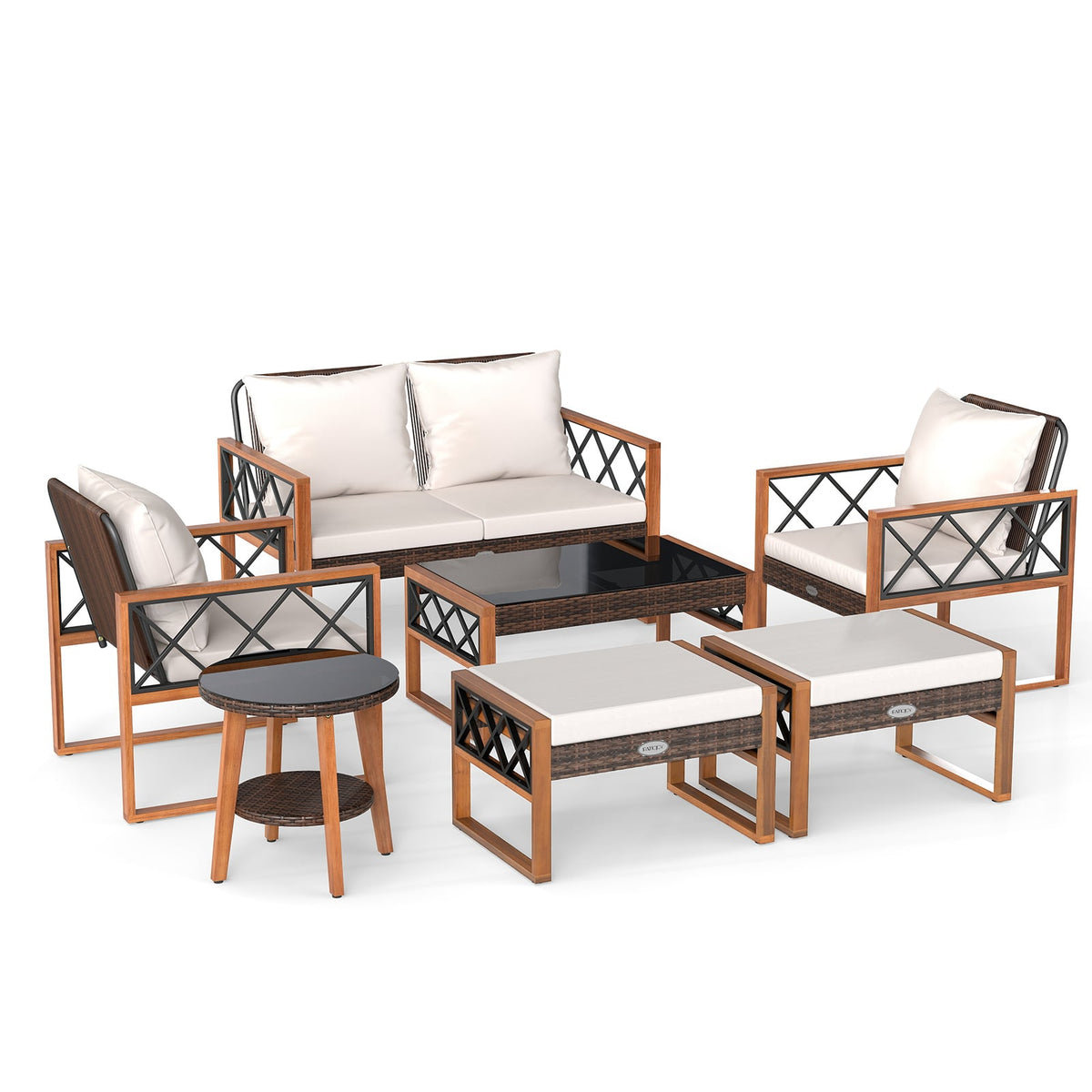 7 Pieces Patio Furniture Set PE Wicker Acacia Wood Outdoor Conversation Set-Patio Conversation Sets-DECOROLALA