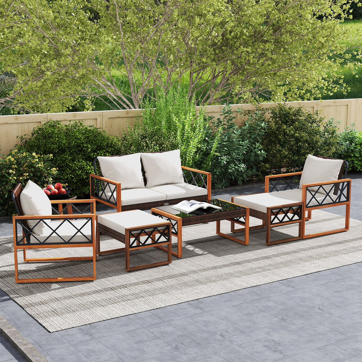 7 Pieces Patio Furniture Set PE Wicker Acacia Wood Outdoor Conversation Set-Patio Conversation Sets-DECOROLALA