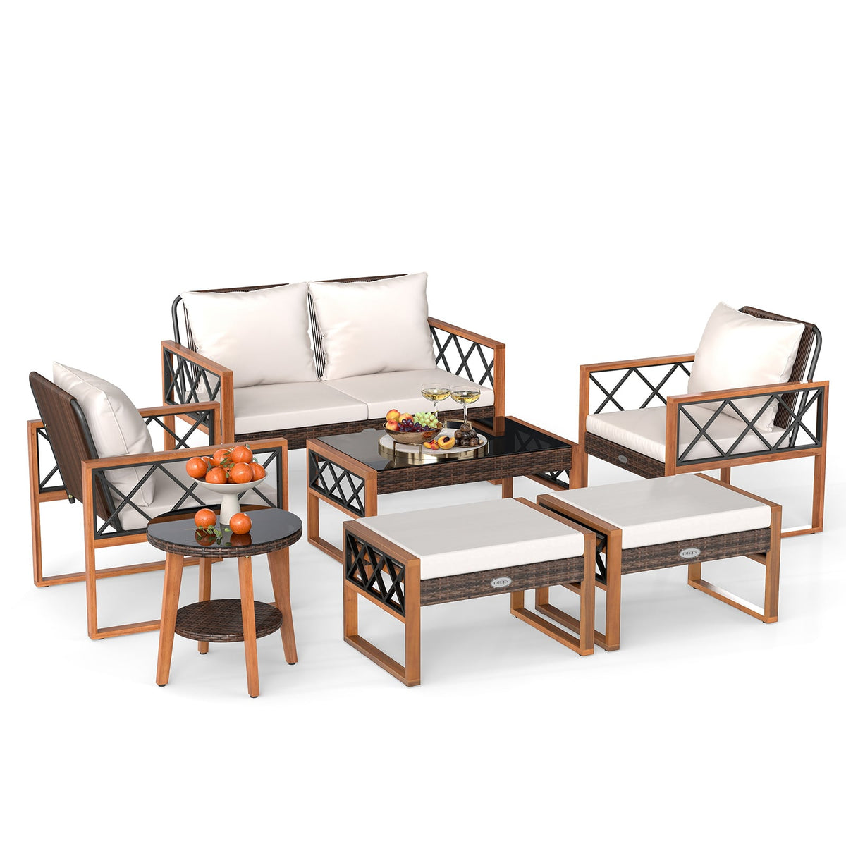 7 Pieces Patio Furniture Set PE Wicker Acacia Wood Outdoor Conversation Set-Patio Conversation Sets-DECOROLALA