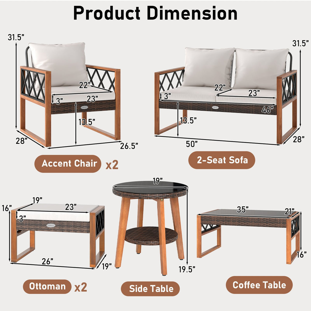 7 Pieces Patio Furniture Set PE Wicker Acacia Wood Outdoor Conversation Set-Patio Conversation Sets-DECOROLALA
