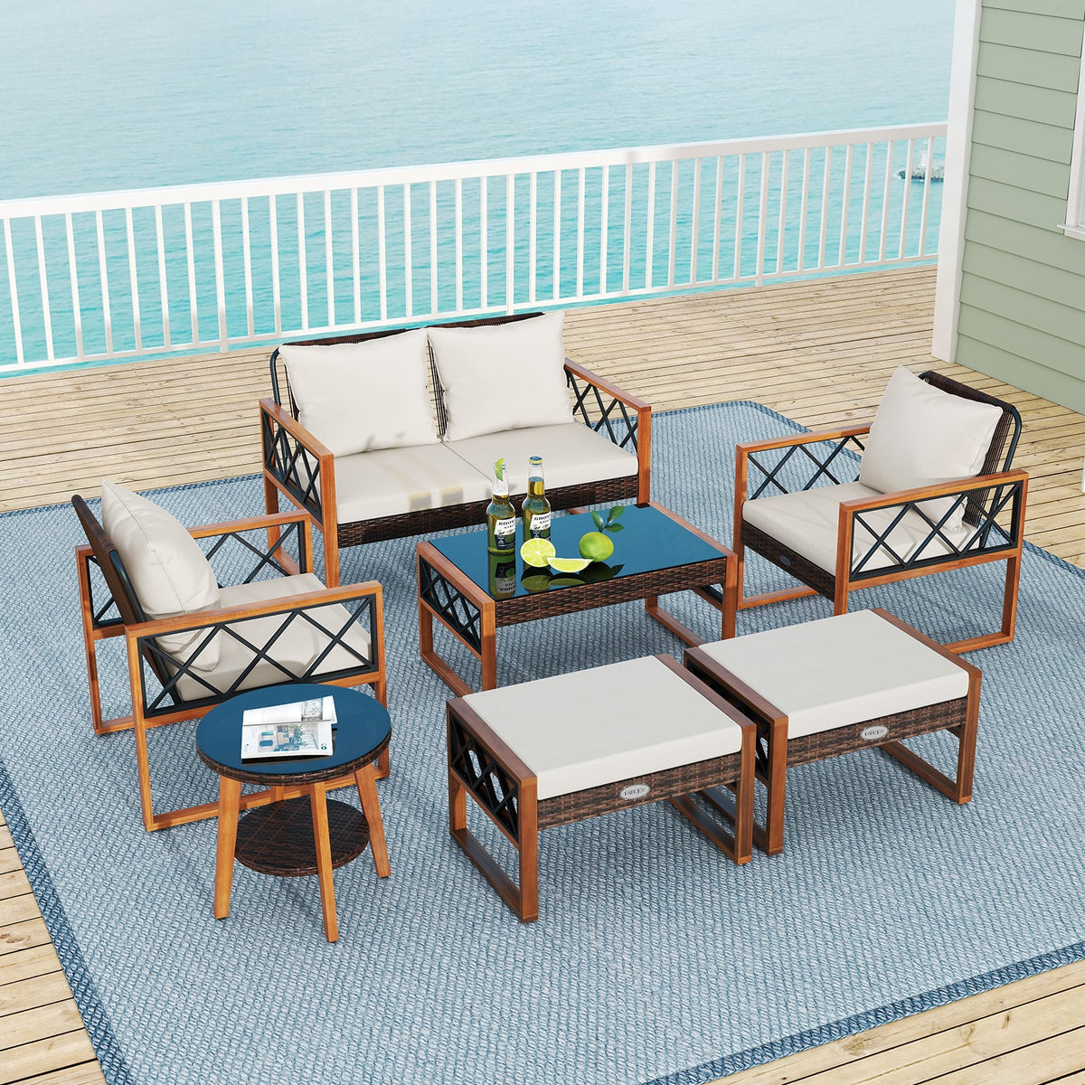 7 Pieces Patio Furniture Set PE Wicker Acacia Wood Outdoor Conversation Set-Patio Conversation Sets-DECOROLALA