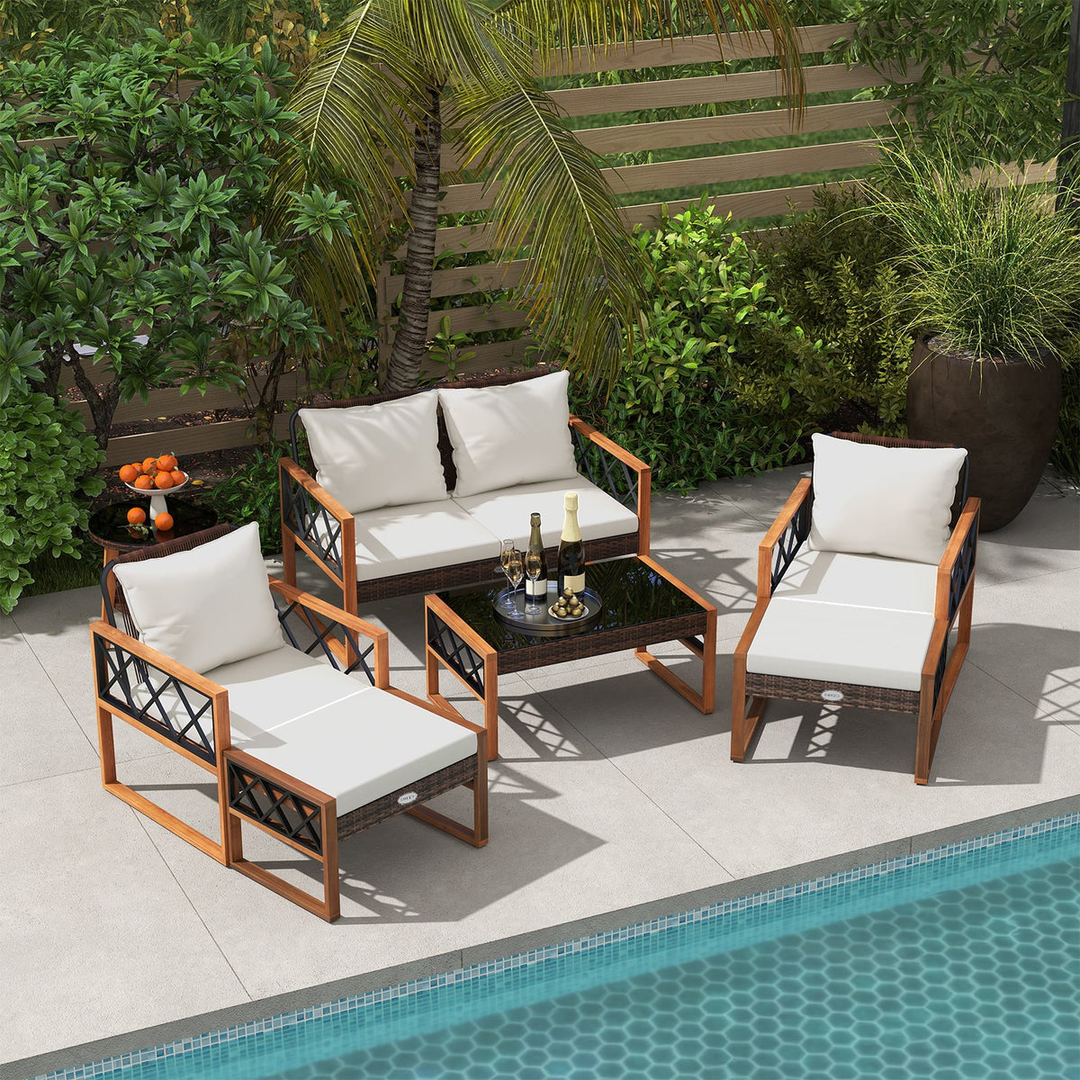 7 Pieces Patio Furniture Set PE Wicker Acacia Wood Outdoor Conversation Set-Patio Conversation Sets-DECOROLALA
