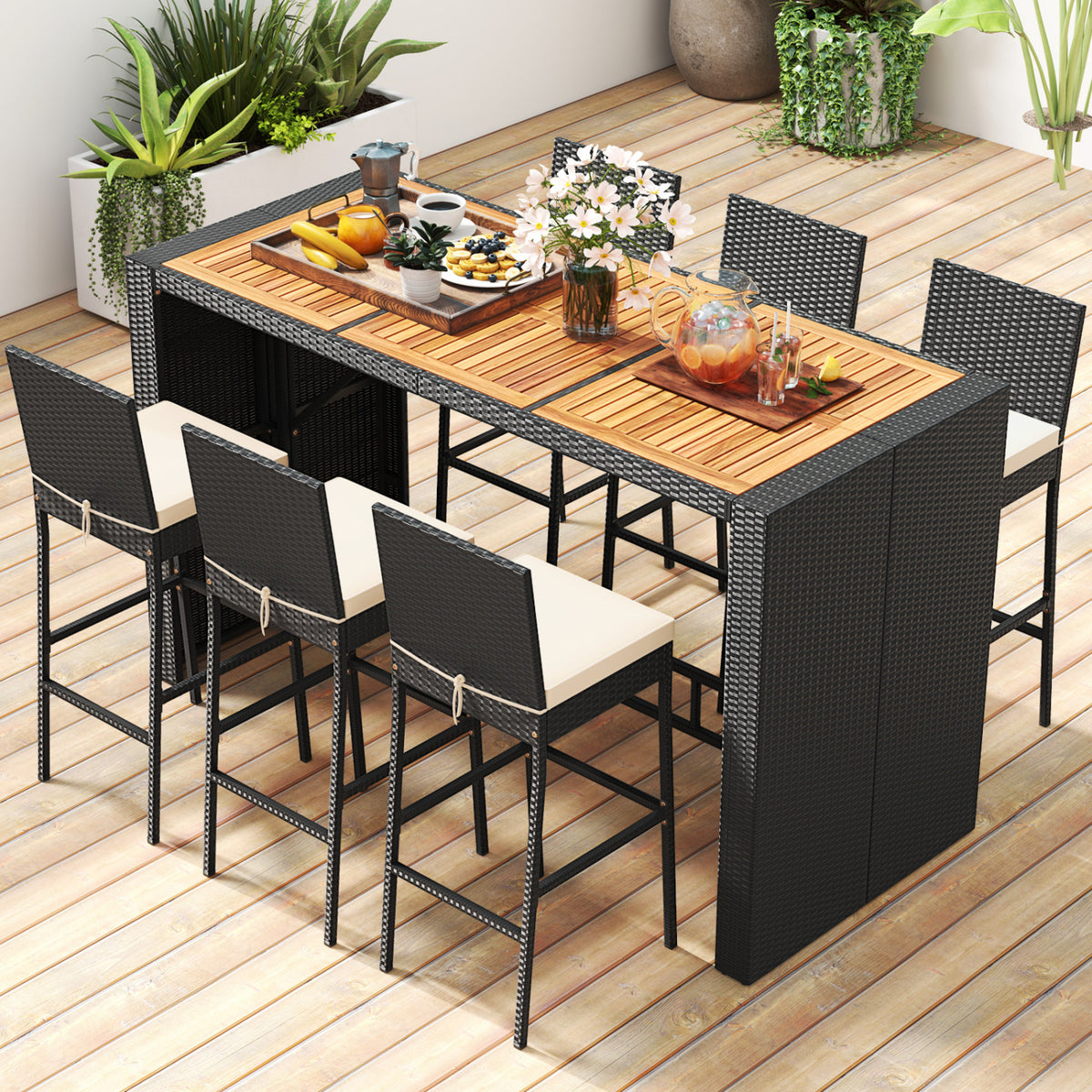 7 Pieces Patio Rattan Bar Set with Seat Cushions for Porch Yard Garden-Outdoor Bar Furniture-DECOROLALA
