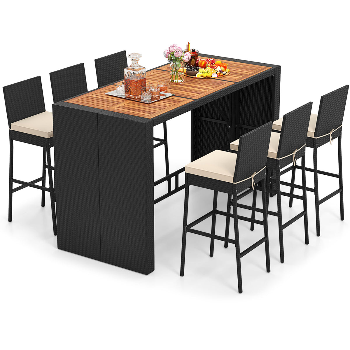7 Pieces Patio Rattan Bar Set with Seat Cushions for Porch Yard Garden-Outdoor Bar Furniture-DECOROLALA