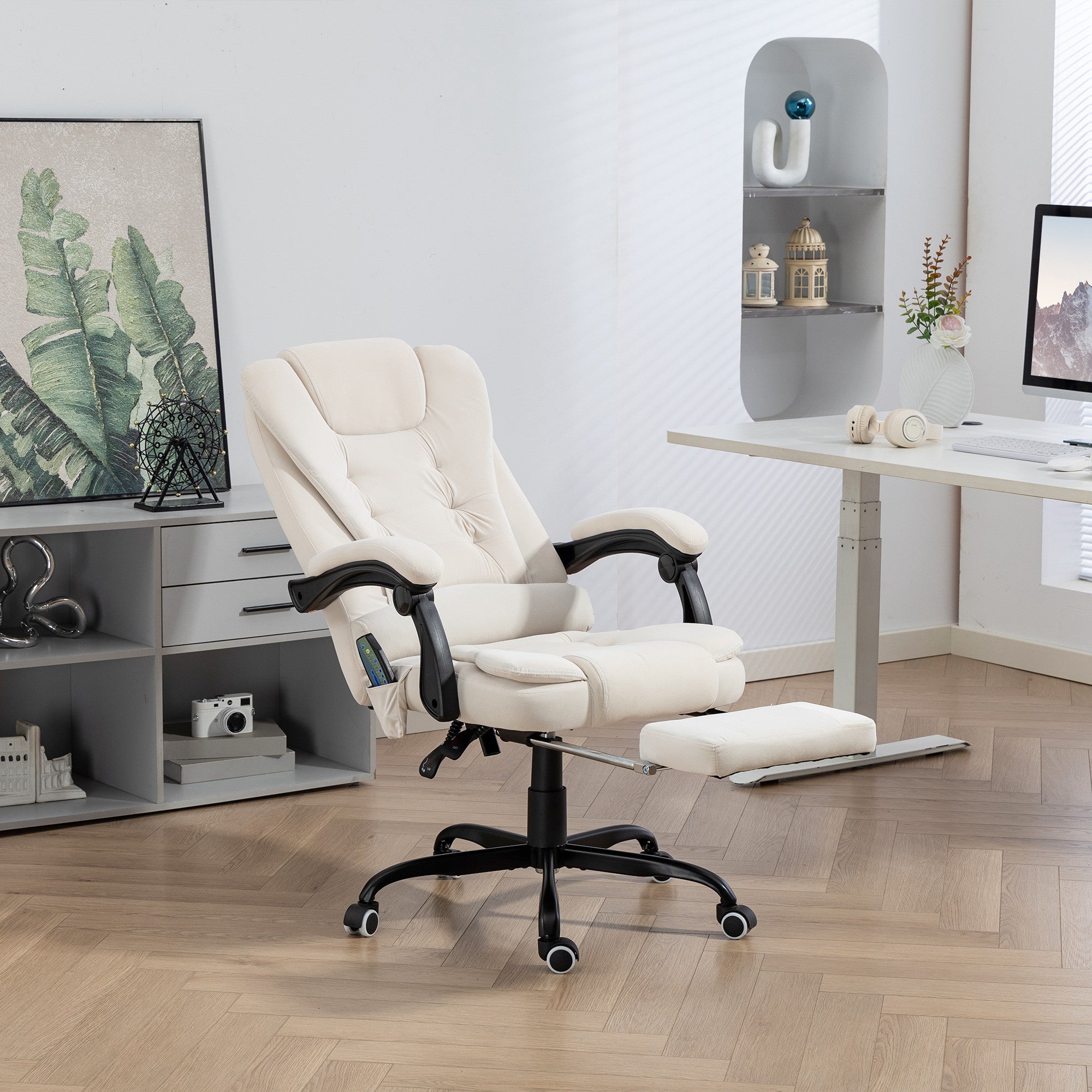 7-Point Vibrating Massage Office Chair with Footrest - Beige-DECOROLALA