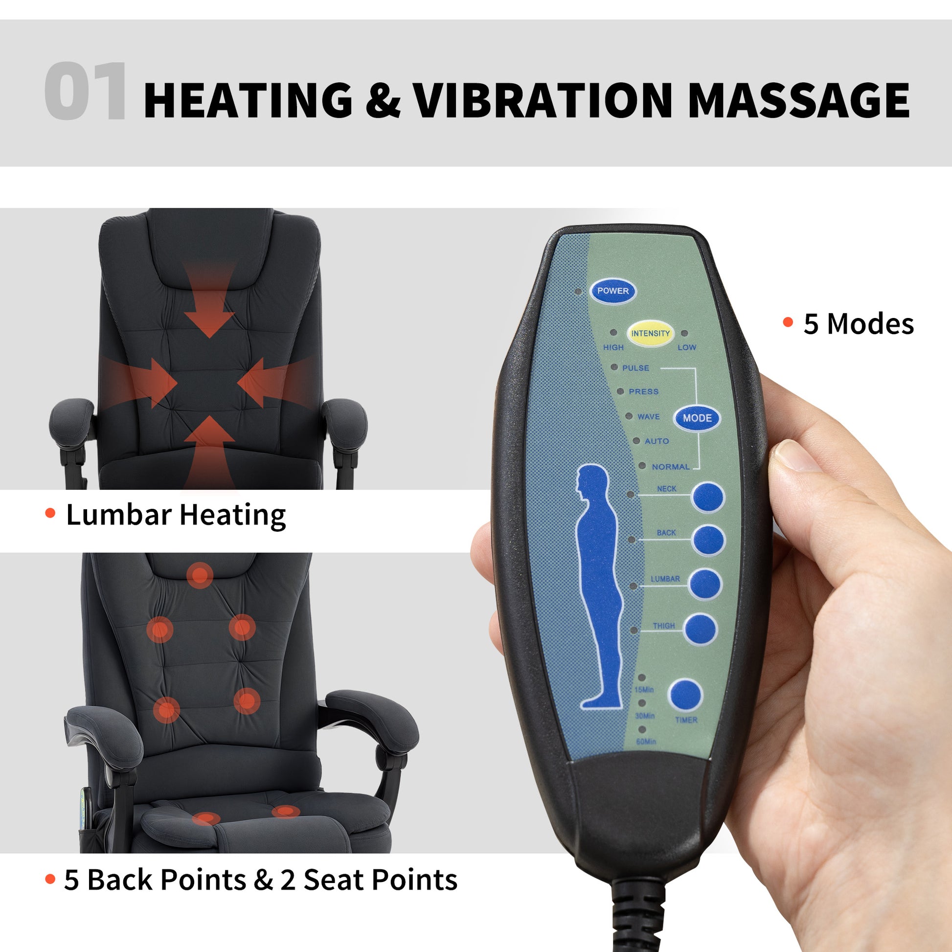 7-Point Vibrating Massage Office Chair with Footrest - Black-DECOROLALA