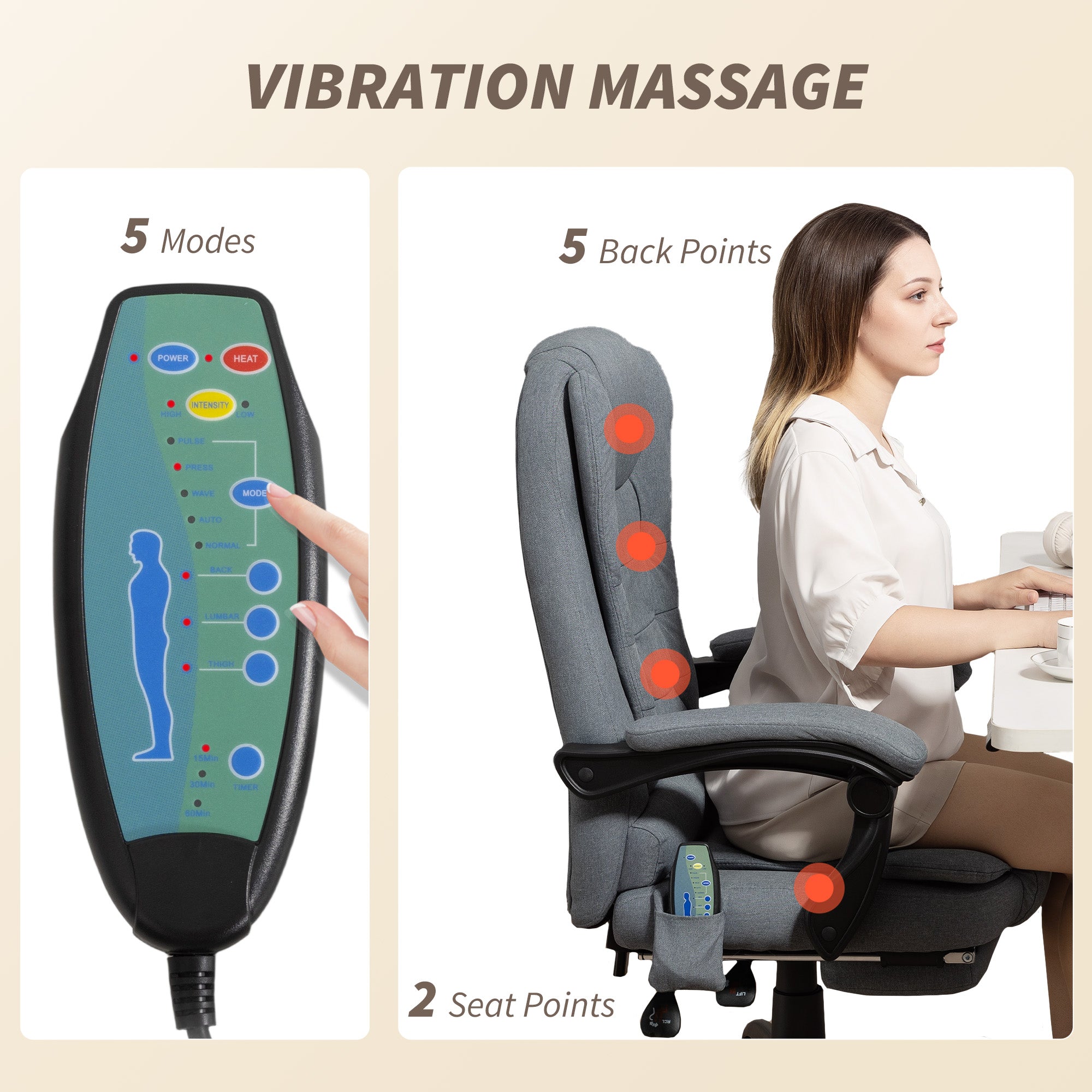 7-Point Vibrating Massage Office Chair with Footrest - Grey-DECOROLALA