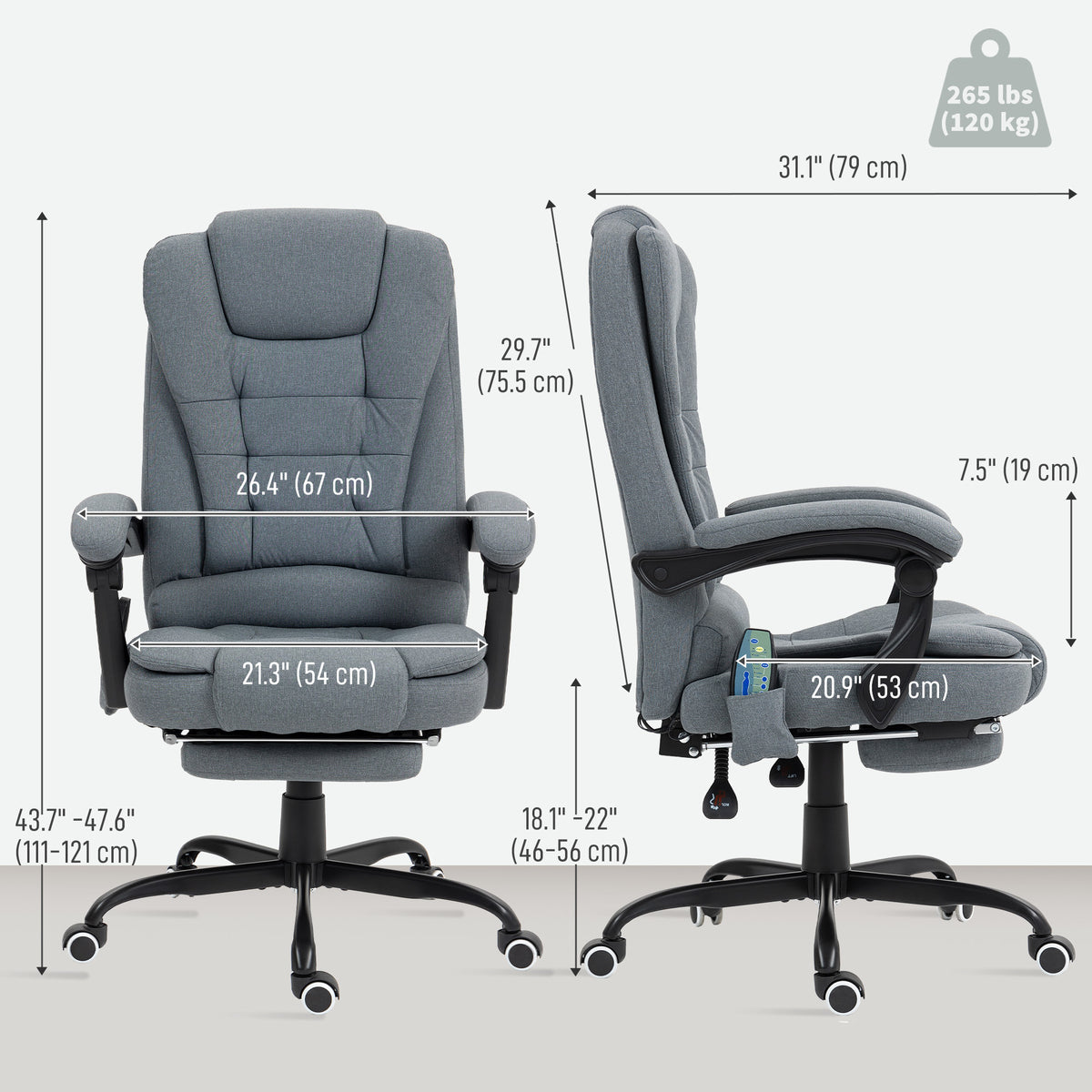 7-Point Vibrating Massage Office Chair with Footrest - Grey-DECOROLALA