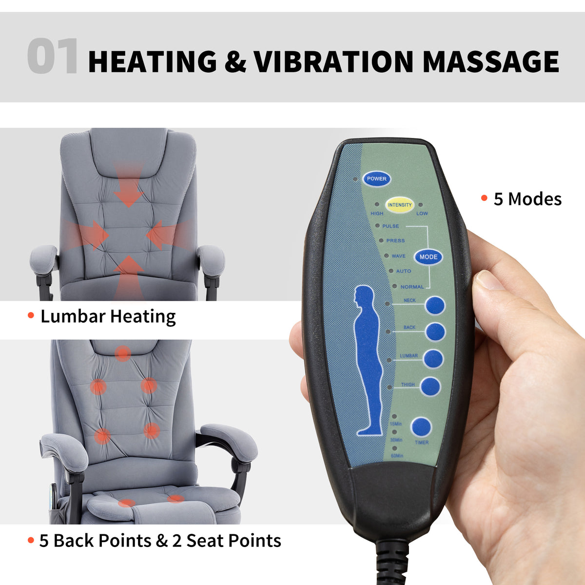 7-Point Vibrating Massage Office Chair with Footrest - Grey-Office Products > Office Furniture > Office Chairs > Massage Chairs-DECOROLALA