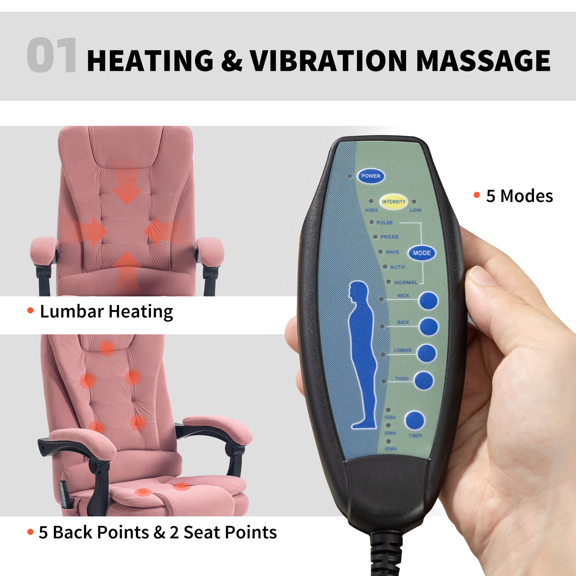 7-Point Vibrating Massage Office Chair with Footrest - Pink-DECOROLALA