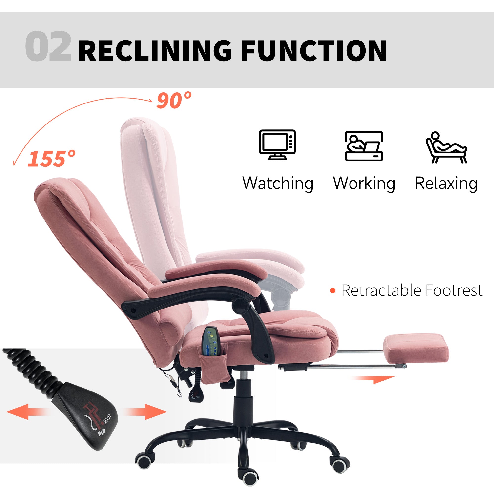 7-Point Vibrating Massage Office Chair with Footrest - Pink-DECOROLALA
