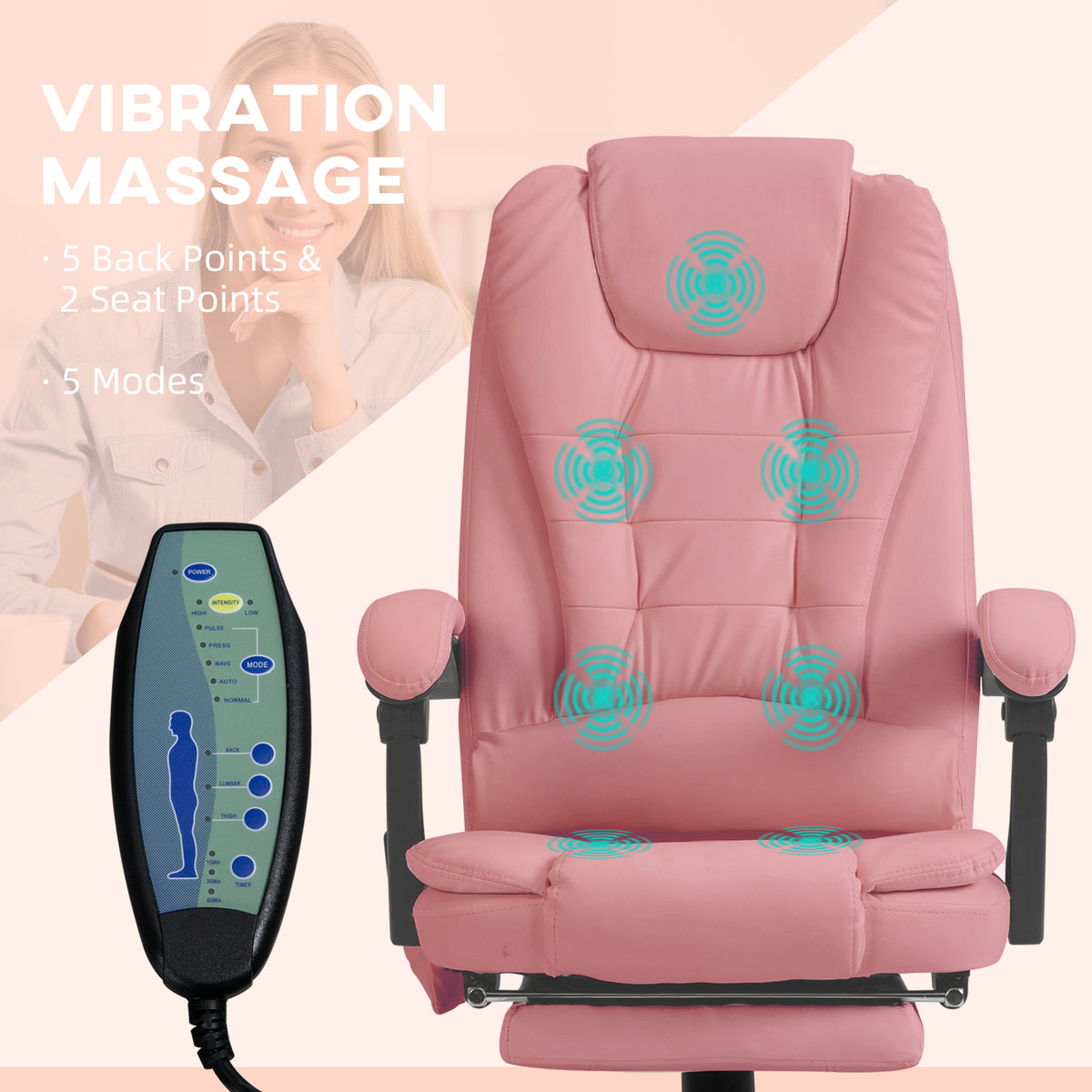 7-Point Vibrating Massage Office Chair with Footrest - Pink-Office Products > Office Furniture > Office Chairs > Massage Chairs-DECOROLALA