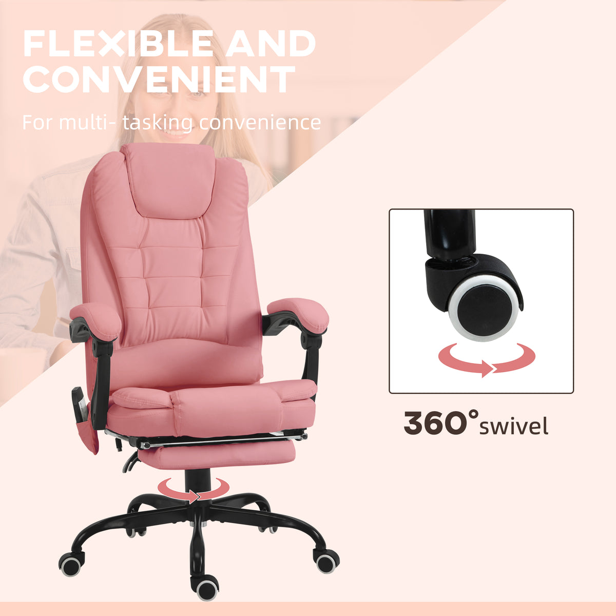 7-Point Vibrating Massage Office Chair with Footrest - Pink-Office Products > Office Furniture > Office Chairs > Massage Chairs-DECOROLALA