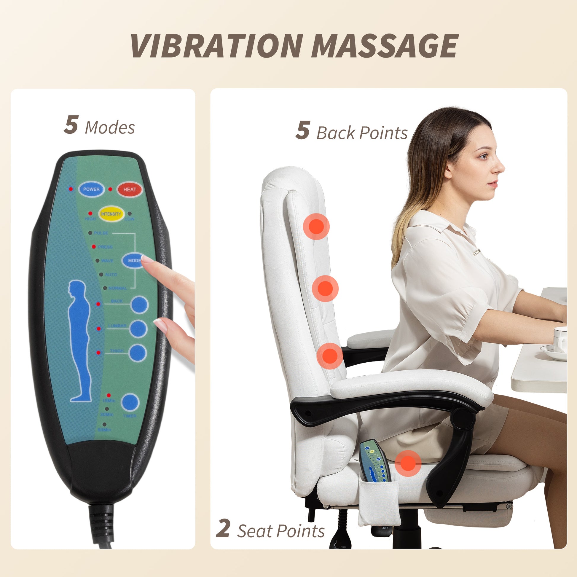 7-Point Vibrating Massage Office Chair with Footrest - White-DECOROLALA