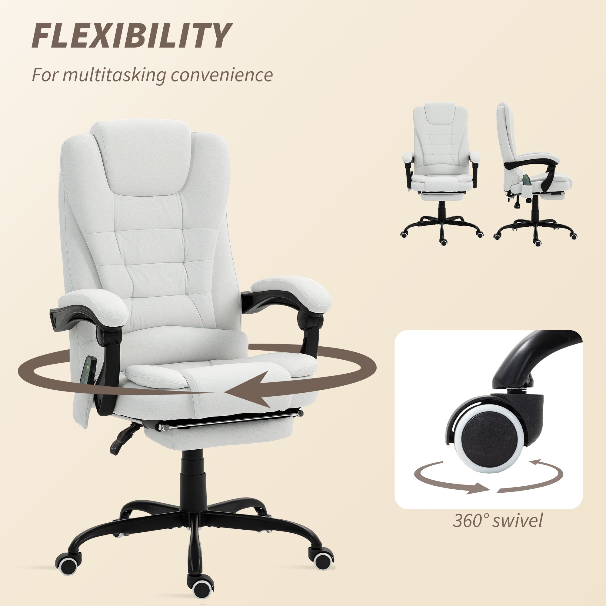7-Point Vibrating Massage Office Chair with Footrest - White-DECOROLALA