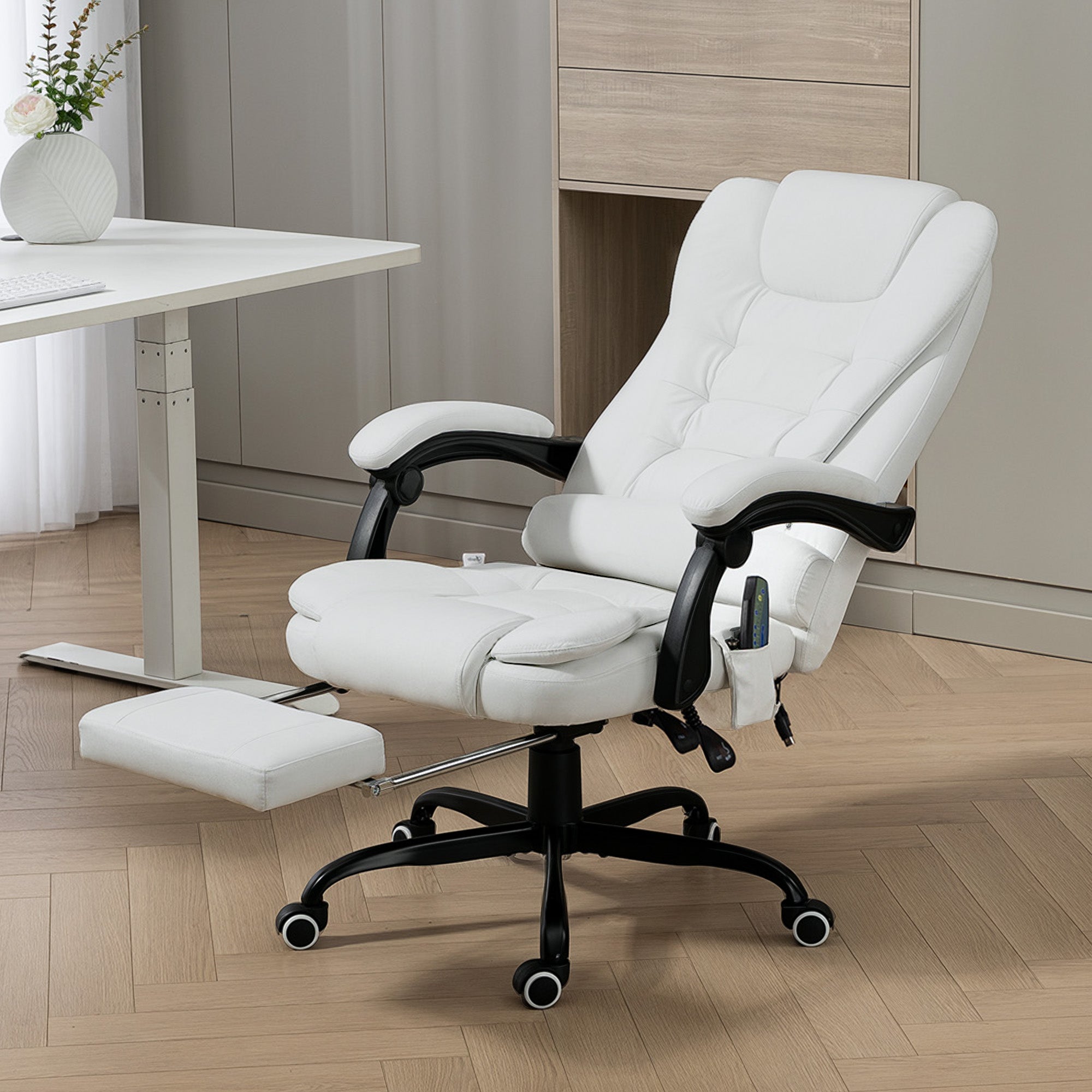 7-Point Vibrating Massage Office Chair with Footrest - White-DECOROLALA