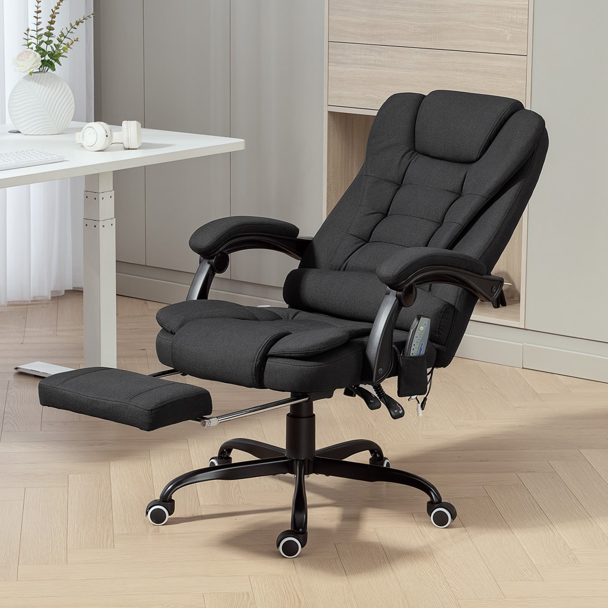 7-Point Vibrating Massage Reclining Office Chair with Footrest - Black-DECOROLALA