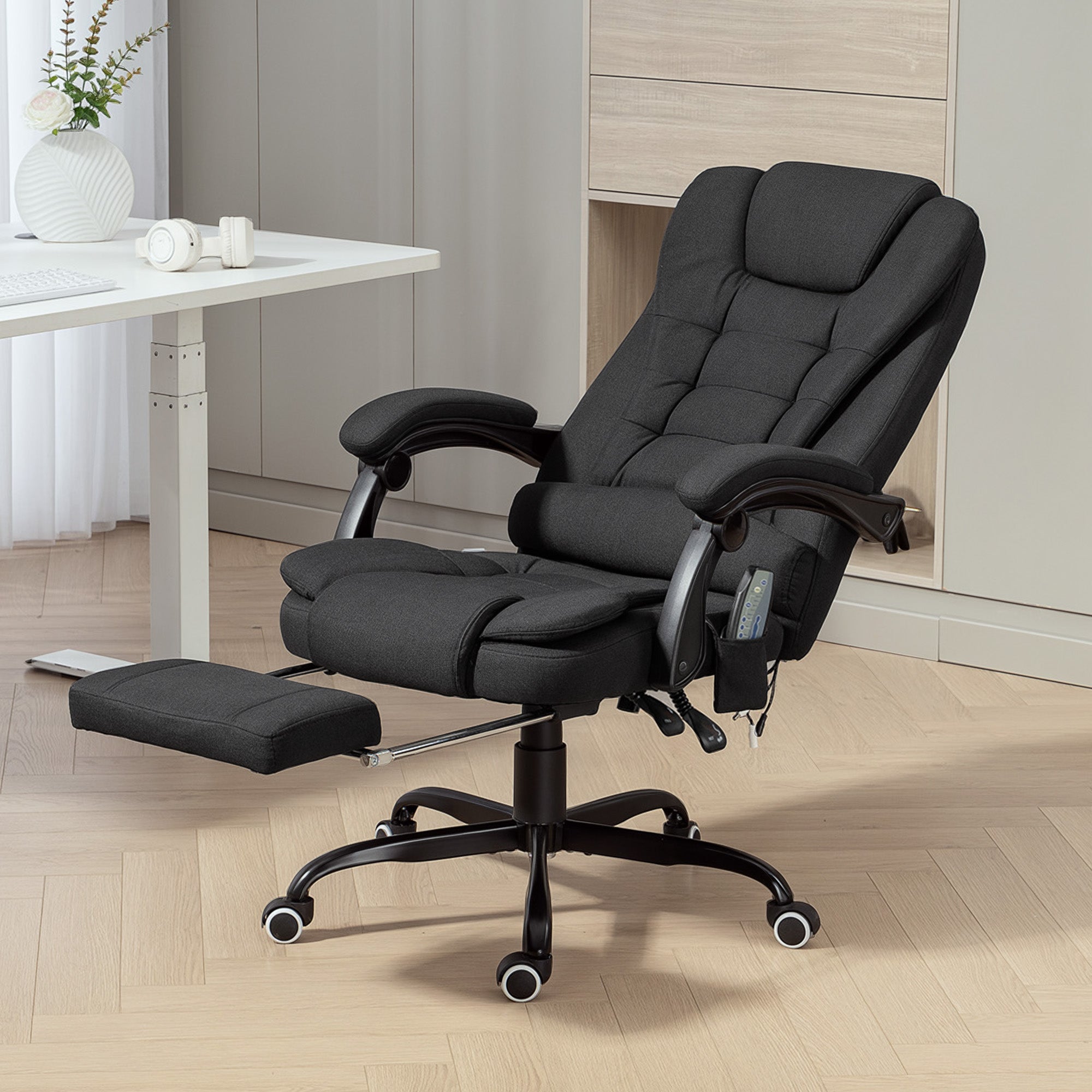 7-Point Vibrating Massage Reclining Office Chair with Footrest - Black-DECOROLALA