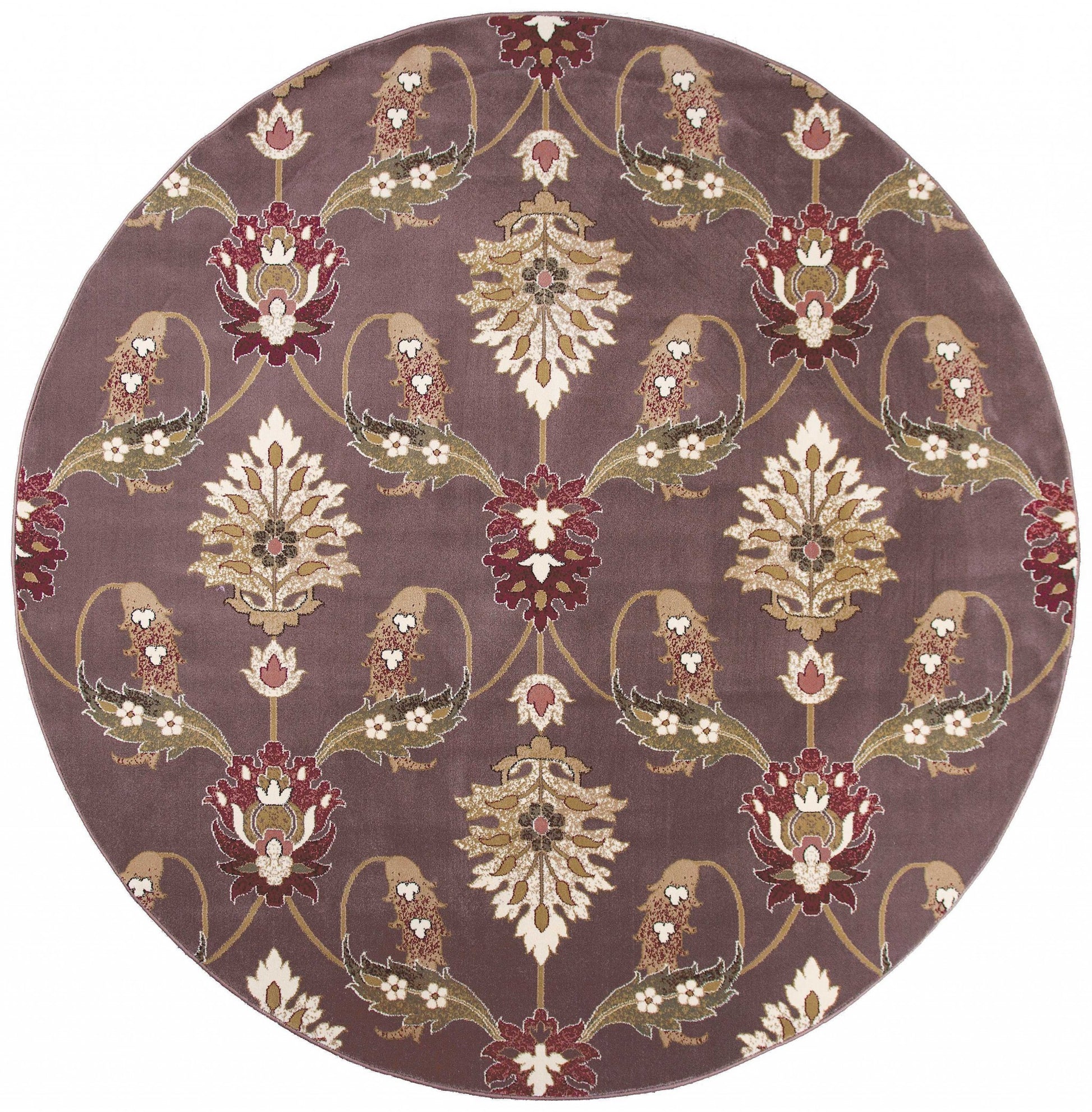 7' Purple Ivory And Brown Floral Octagon Rug-Area Rugs-DECOROLALA