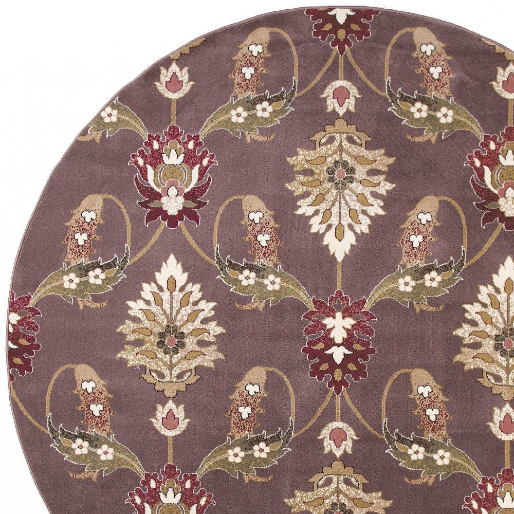 7' Purple Ivory And Brown Floral Octagon Rug-Area Rugs-DECOROLALA