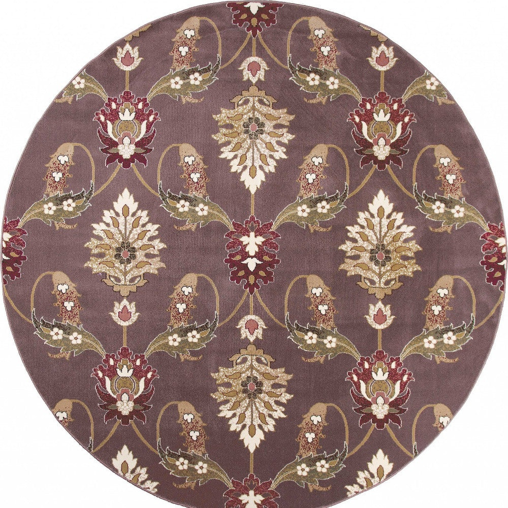 7' Purple Ivory And Brown Floral Octagon Rug-Area Rugs-DECOROLALA