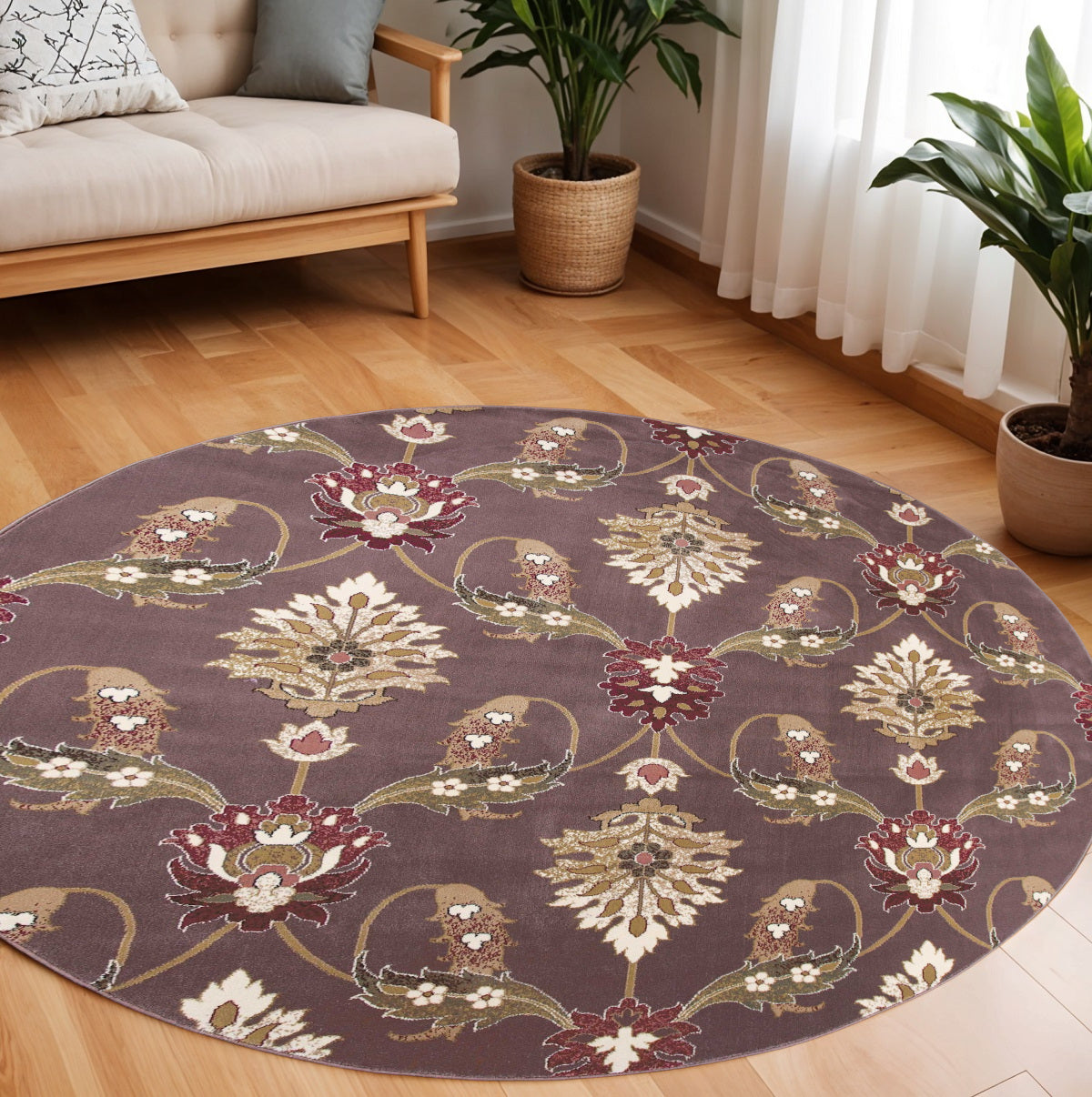 7' Purple Ivory And Brown Floral Octagon Rug-Area Rugs-DECOROLALA