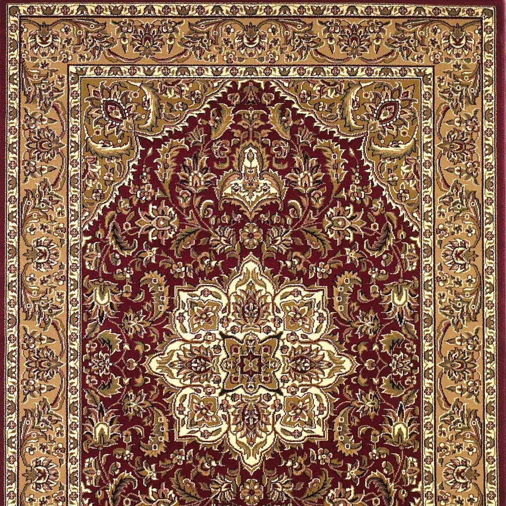 7' Red And Beige Floral Medallion Octagon Rug-Area Rugs-DECOROLALA